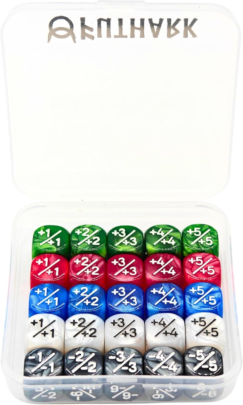 Futhark MTG Counter Dice Set - 25 Compact Multicolored Acrylic Dice with Plus/Minus Counters - Easy to Carry & Easy to Read - Accessories for Magic: The Gathering - Image 1